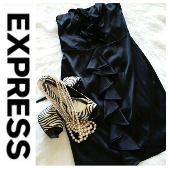 💕SALE💕Express Black Silk Ruffle Strapless Dress - Picture 2 of 7